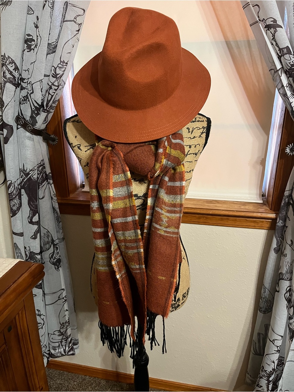 Olive & Pique Rust Fedora Hat and Plaid Fringe Scarf Set